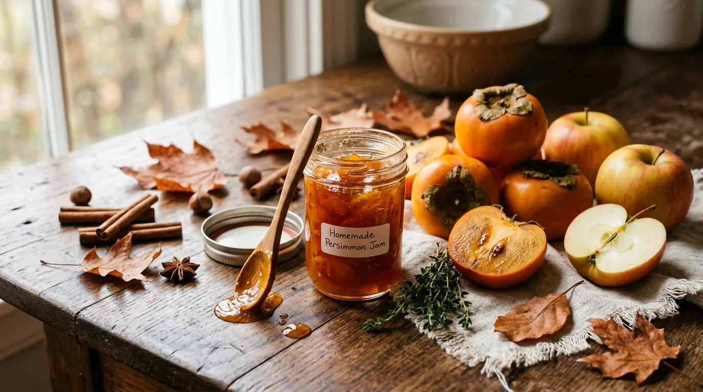 Pot de confiture de raisin entouré de fruits et feuilles d'automne
