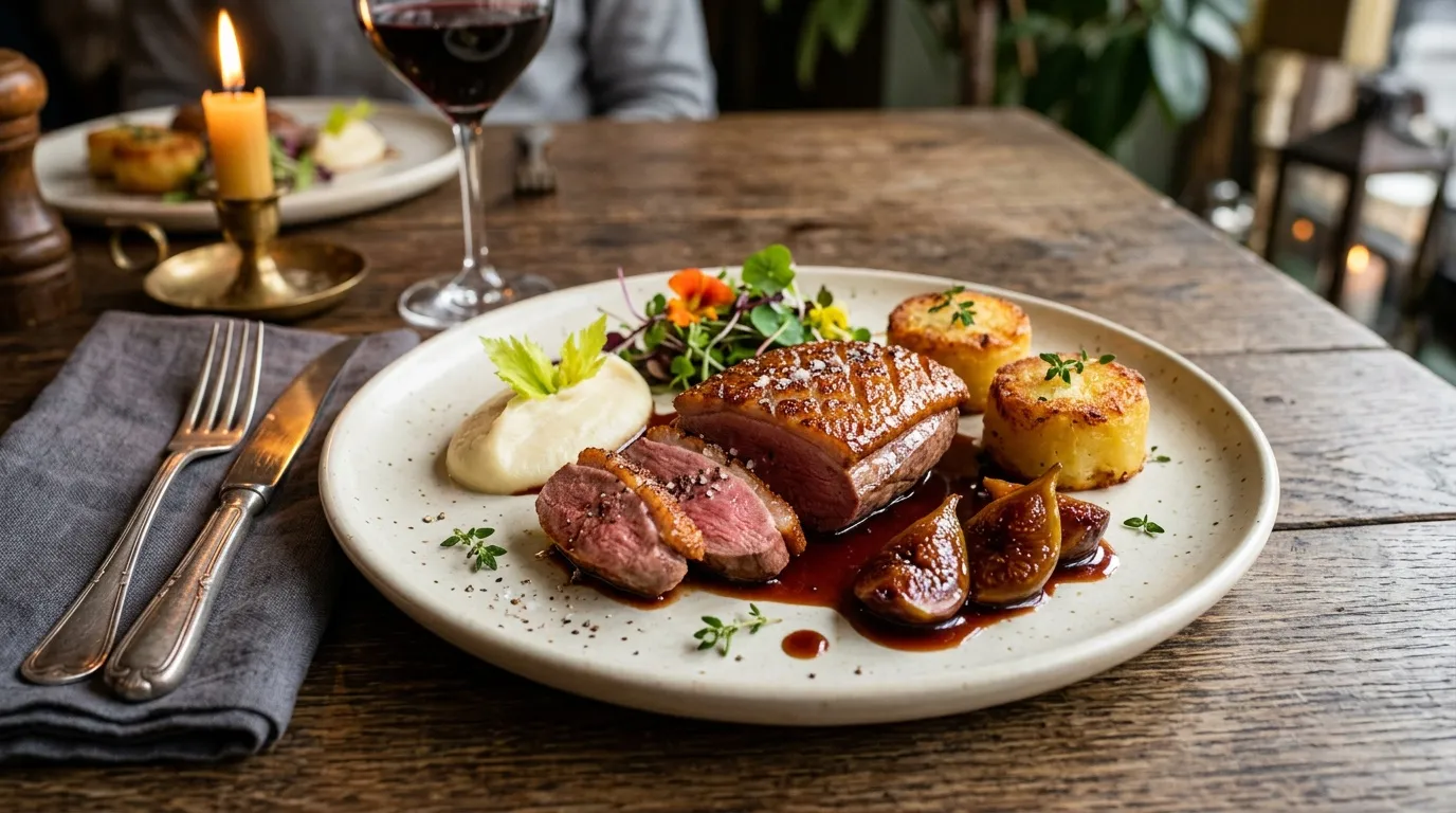 Assiette de viande saignante avec légumes et verre de vin rouge