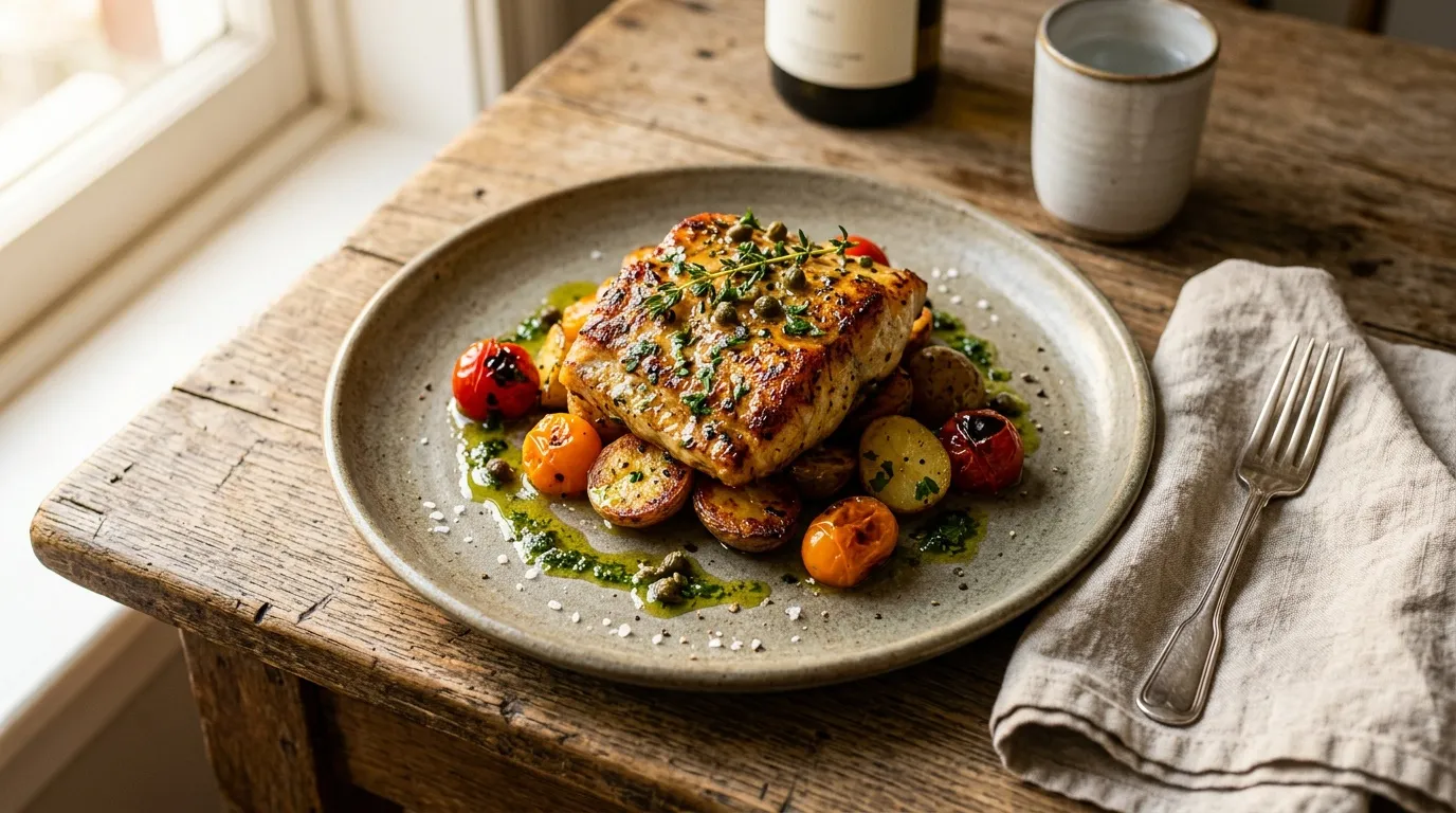 Assiette de poisson grillé avec légumes et herbes fraîches