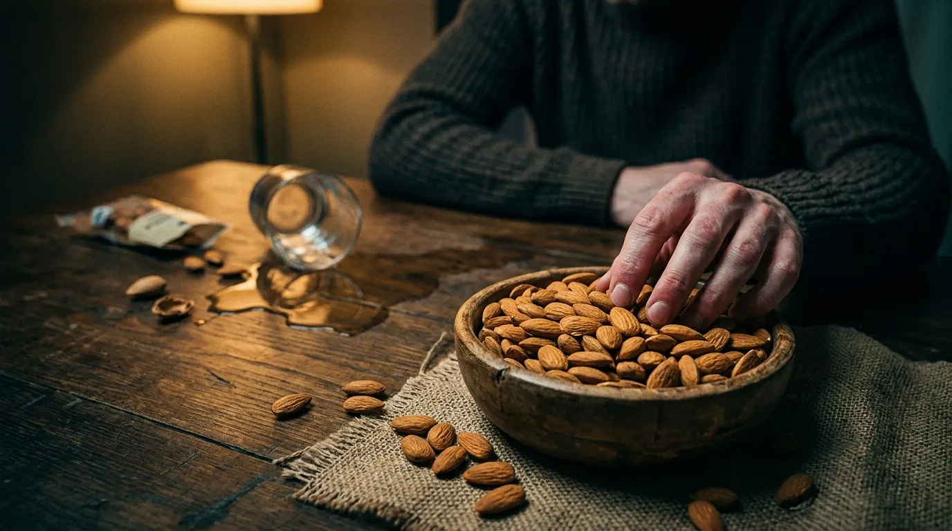Main prenant une amande dans un bol en bois rempli