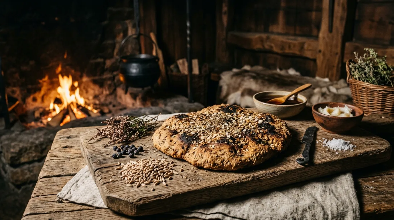 Pain aux graines près d'un feu de camp rustique
