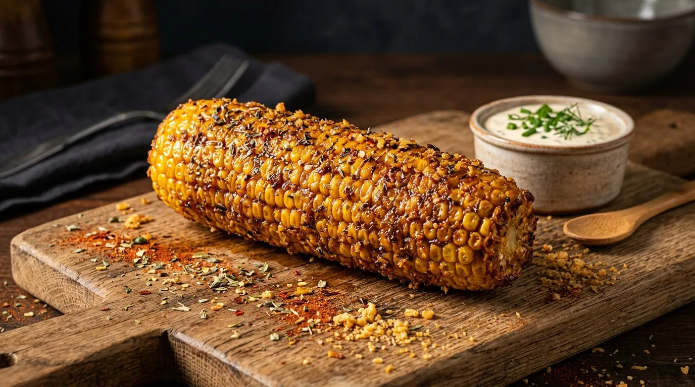 Maïs grillé doré sur planche bois avec sauce herbes