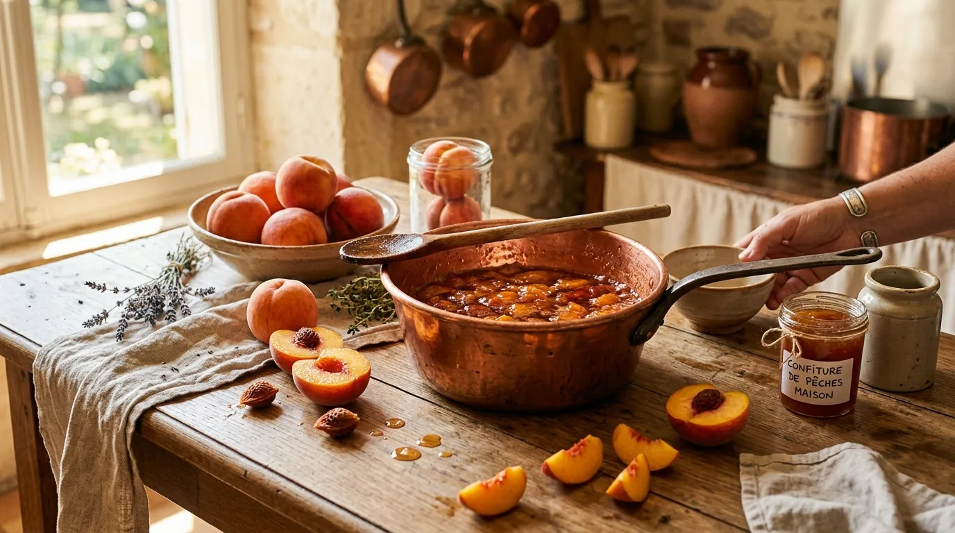 Femme préparant confiture pêches dans cuisine rustique avec cuivre