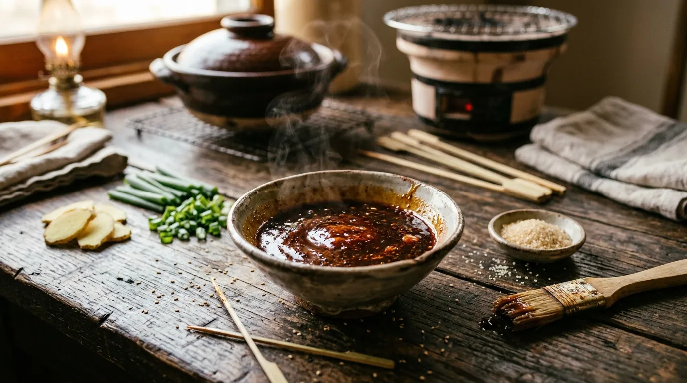 Sauce brune avec ingrédients asiatiques sur table bois
