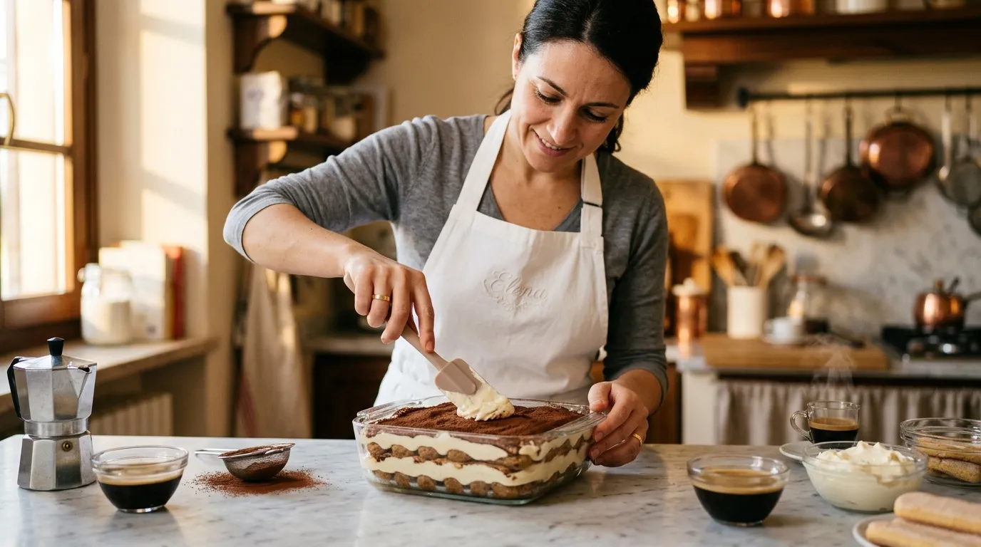 Femme en tablier prépare un tiramisu dans une cuisine