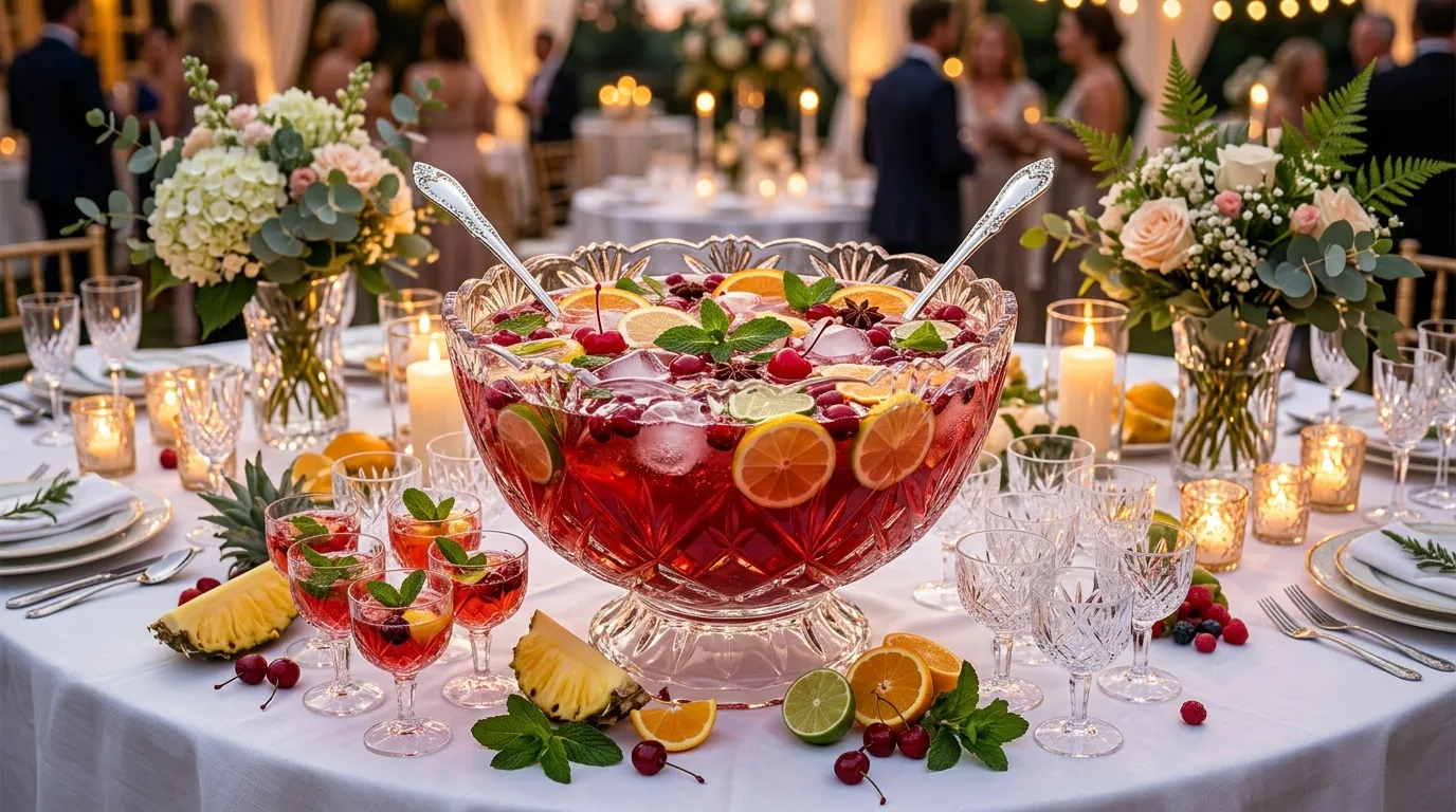 Grand bol de punch rouge avec fruits et glaçons sur table décorée