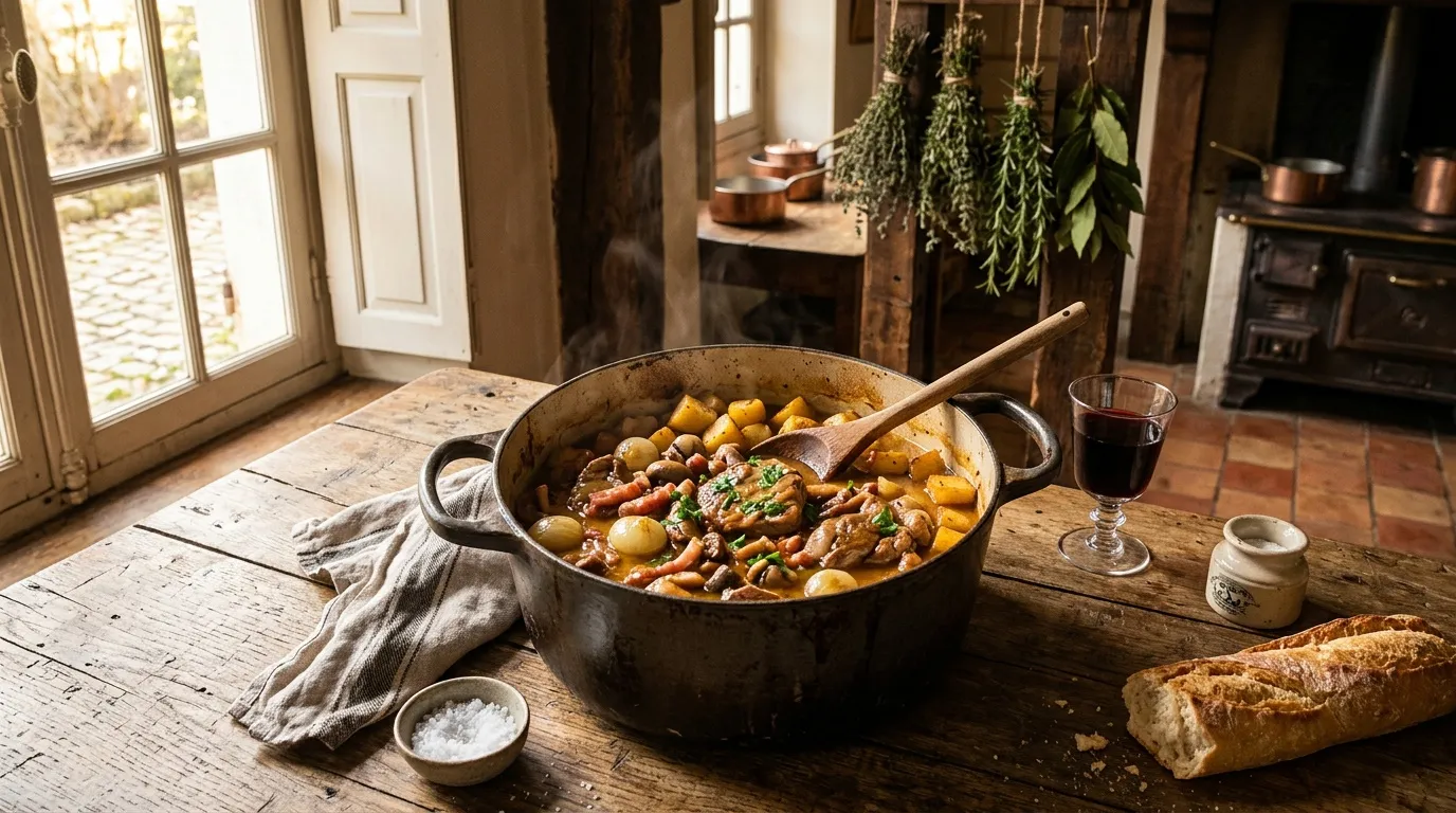 Pot de ragoût avec légumes et viande, pain, cuisine rustique