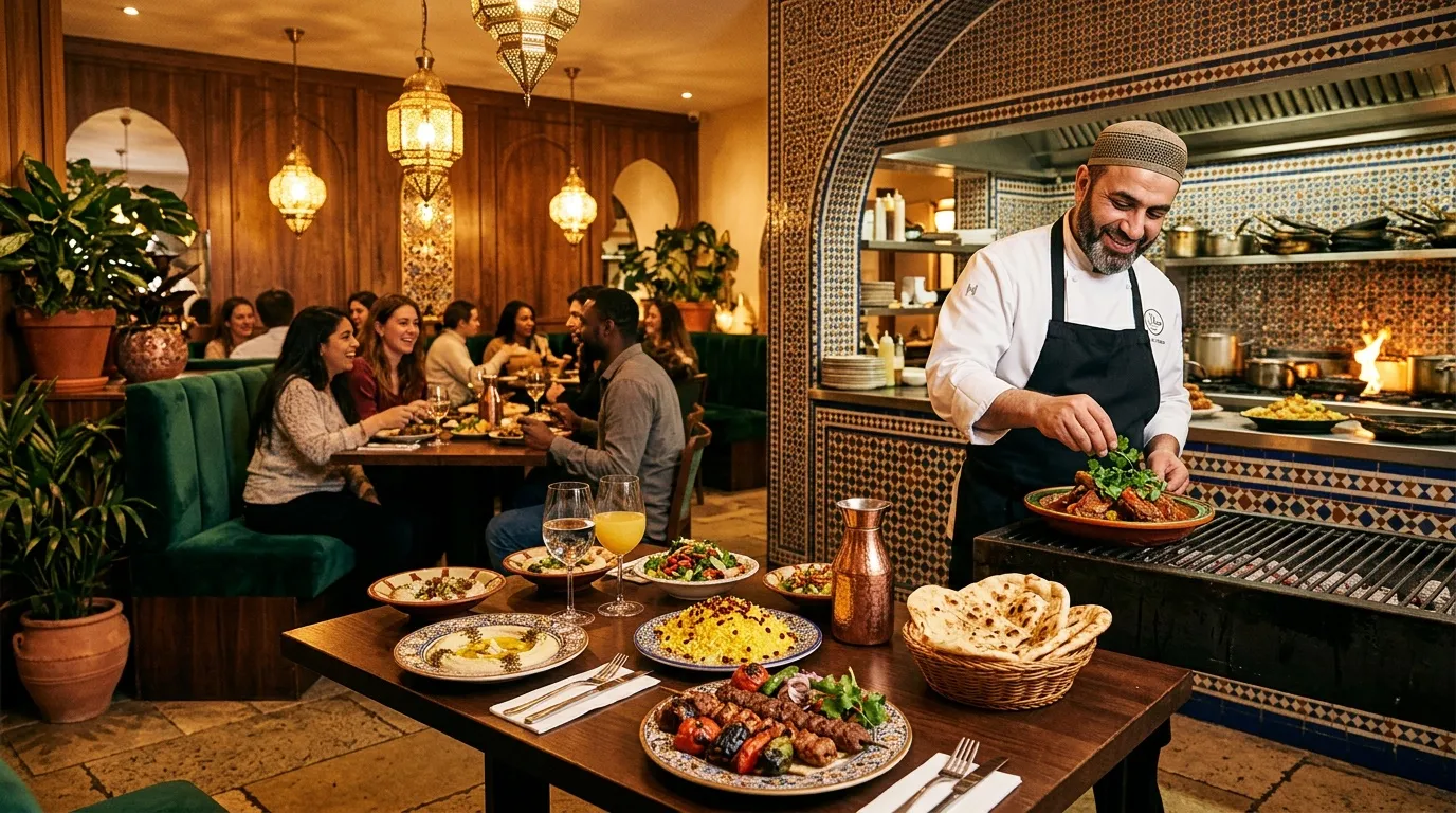 Chef cuisinant dans restaurant marocain avec clients en arrière-plan